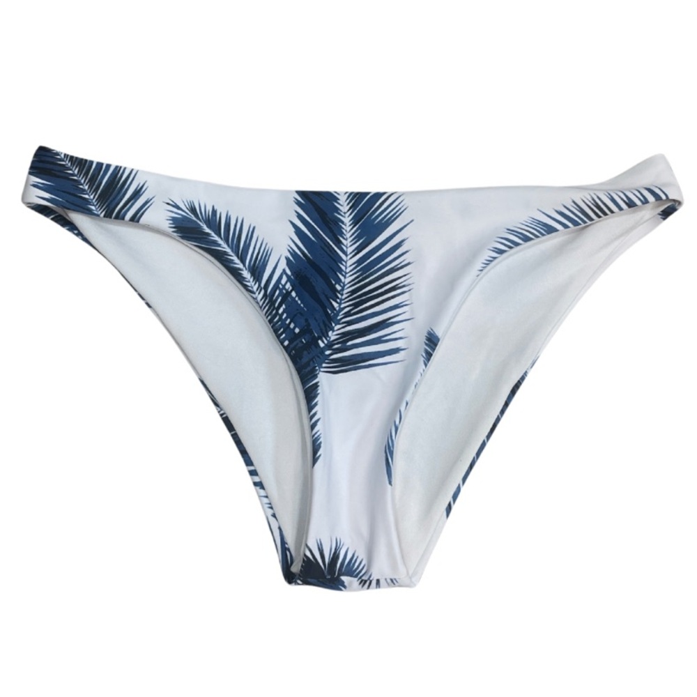 Women’s White and Blue Palm Print Bikini Swim Bottom